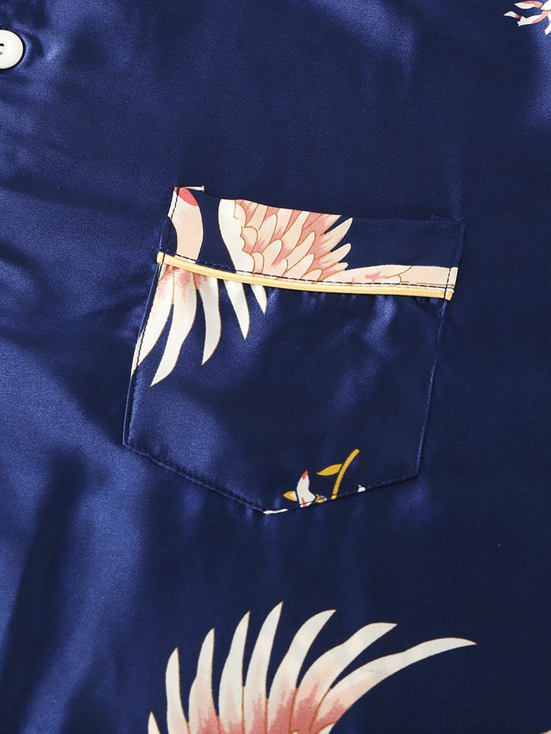 Męski Nadruk Z Żurawiem Faux Silk Home Revere Collar Z Długim Rękawem Loose Lounge Zestaw Piżamy