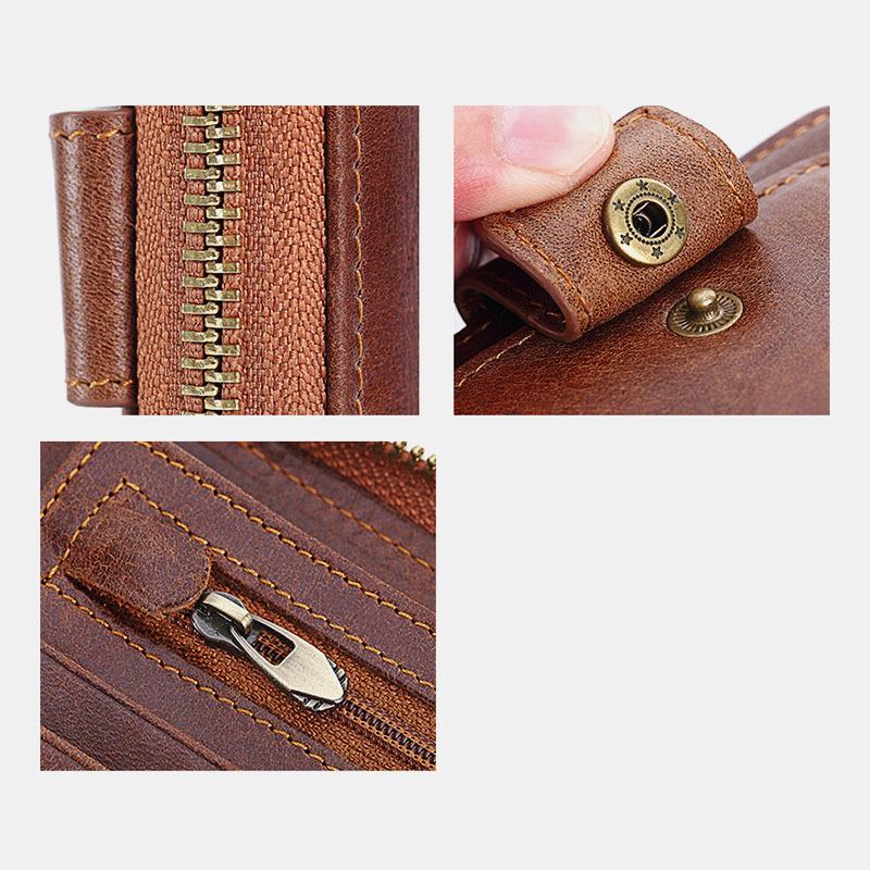 Męski Portfel Blokujący Z Prawdziwej Skóry Vintage Organizer Zipper Wallet