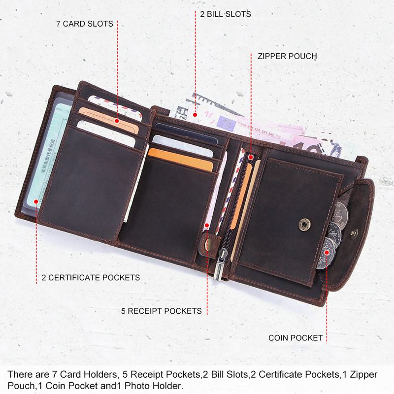 Męski Portfel Z Prawdziwej Skóry Trifold Anti-theft Brush Multi-card Slot Card Holder Portmonetka Klip Na Pieniądze