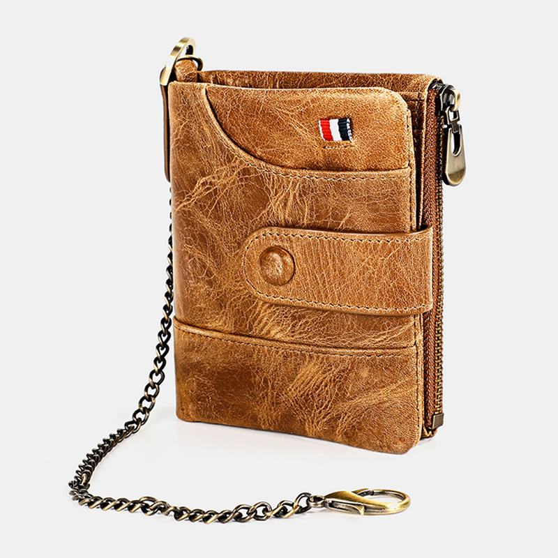 Męski Skórzany Podwójny Zamek Błyskawiczny Retro Business Casual Style Multi-pocket Solid Color Wallet Z Łańcuszkiem