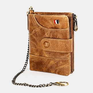 Męski Skórzany Podwójny Zamek Błyskawiczny Retro Business Casual Style Multi-pocket Solid Color Wallet Z Łańcuszkiem