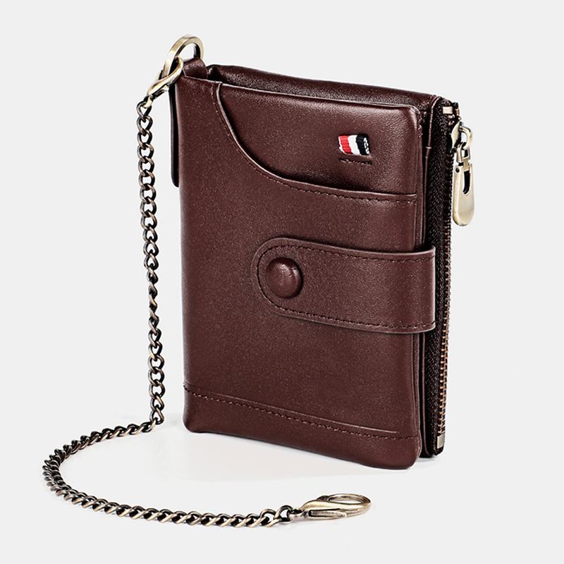 Męski Skórzany Podwójny Zamek Błyskawiczny Retro Business Casual Style Multi-pocket Solid Color Wallet Z Łańcuszkiem