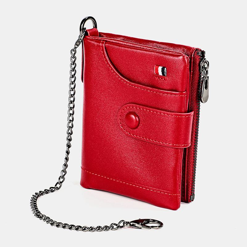 Męski Skórzany Podwójny Zamek Błyskawiczny Retro Business Casual Style Multi-pocket Solid Color Wallet Z Łańcuszkiem