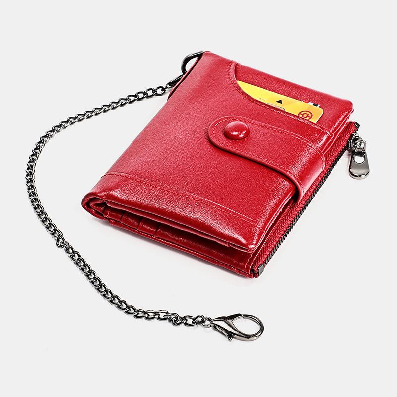 Męski Skórzany Podwójny Zamek Błyskawiczny Retro Business Casual Style Multi-pocket Solid Color Wallet Z Łańcuszkiem