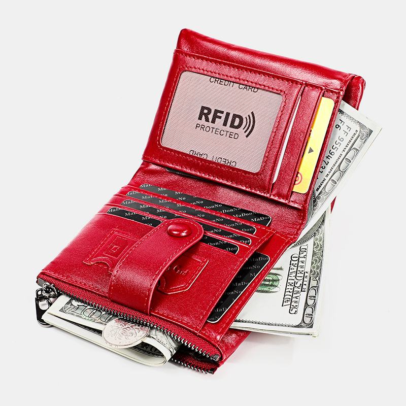 Męski Skórzany Podwójny Zamek Błyskawiczny Retro Business Casual Style Multi-pocket Solid Color Wallet Z Łańcuszkiem