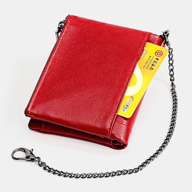 Męski Skórzany Podwójny Zamek Błyskawiczny Retro Business Casual Style Multi-pocket Solid Color Wallet Z Łańcuszkiem