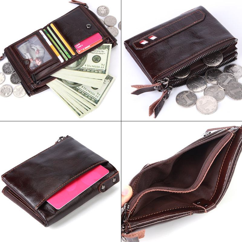 Męski Skórzany Podwójny Zamek Błyskawiczny Retro Business Short Hand Carry Card Holder Portfel