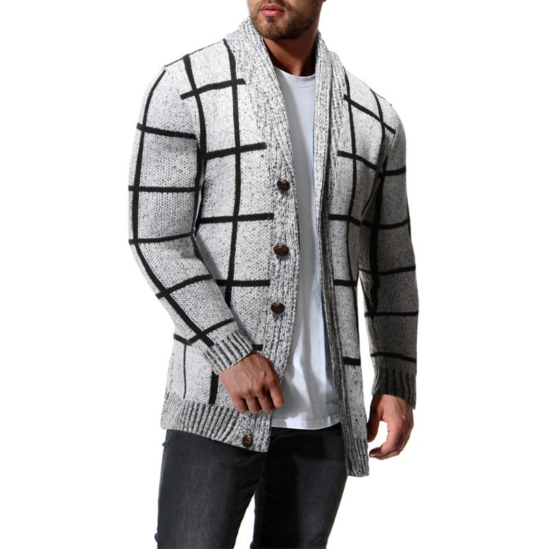 Męski Sweter Kardigan W Kratę W Dopasowanym Kolorze Na Zimę