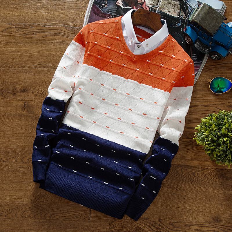 Męski Sweter Z Dzianiny Fałszywy Dwuczęściowy Sweter Z Kołnierzykiem Koszuli Dla Mężczyzn