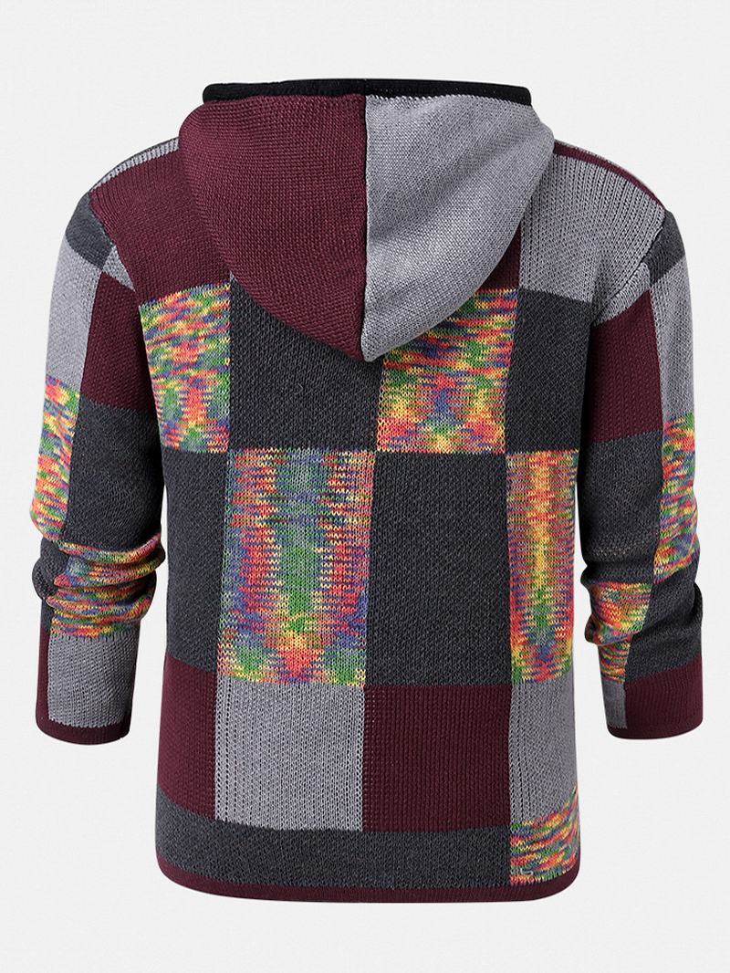 Męski Sweter Z Dzianiny W Stylu Etnicznym Z Kolorowym Blokiem I Kapturem