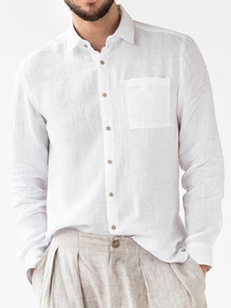 Męskie 100% Bawełniane Guziki Koszule Z Długim Rękawem W Jednolitym Kolorze Z Kieszenią