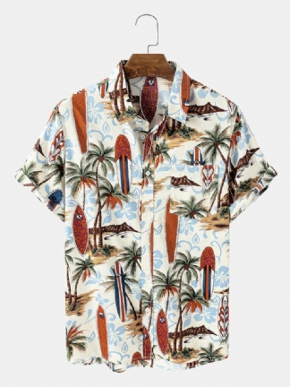 Męskie 100% Bawełniane Koszule Z Krótkim Rękawem Z Nadrukiem Hawajskim