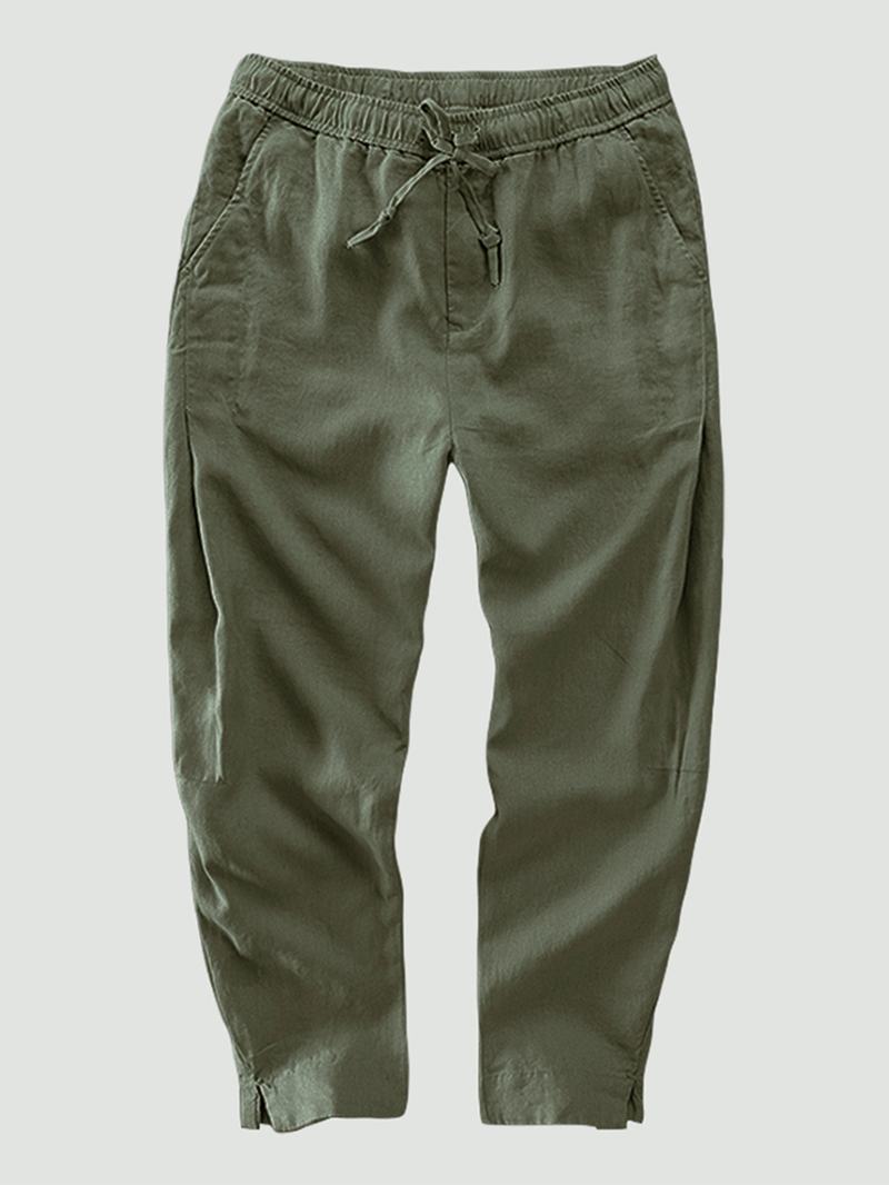 Męskie 100% Bawełniane Luźne Jednokolorowe Spodnie Ze Sznurkiem Na Co Dzień