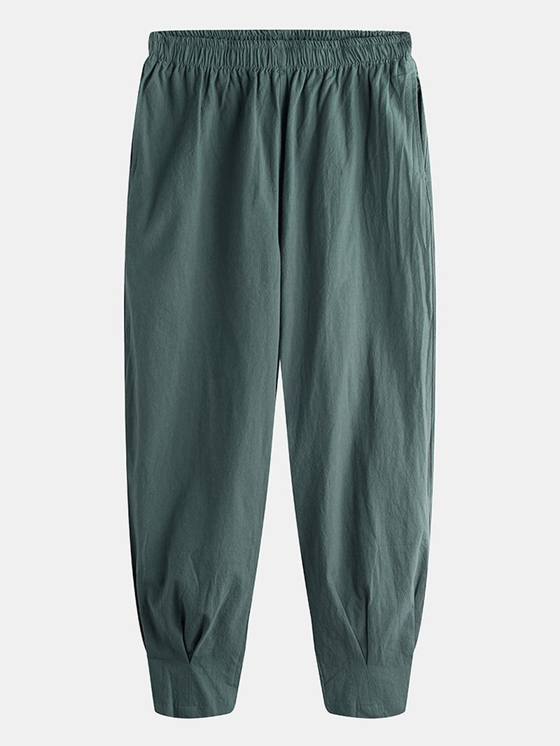 Męskie 100% Bawełniane Orientalne Spodnie Z Elastyczną Talią W Jednolitym Kolorze Z Kieszenią