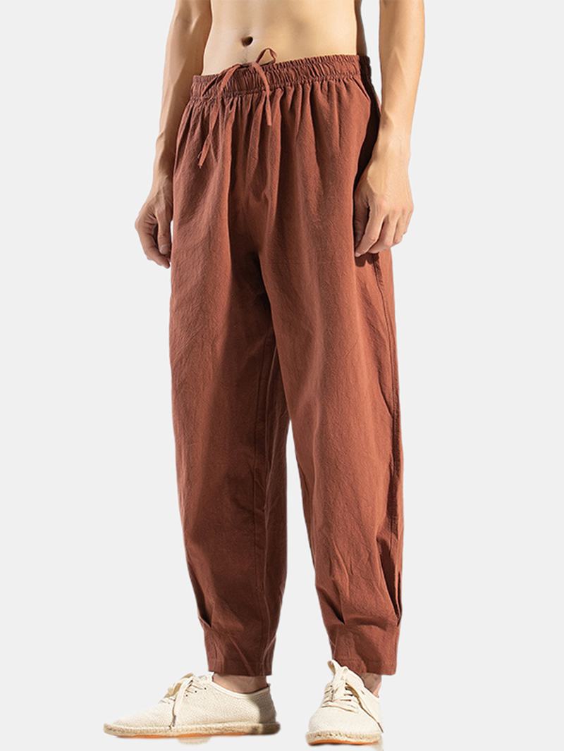 Męskie 100% Bawełniane Orientalne Spodnie Z Elastyczną Talią W Jednolitym Kolorze Z Kieszenią