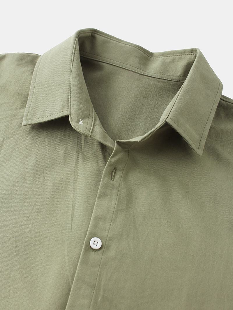 Męskie Bawełniane Jednokolorowe Podstawowe Klapy Regularny Krój Zapinane Na Guziki Koszule Z Długim Rękawem