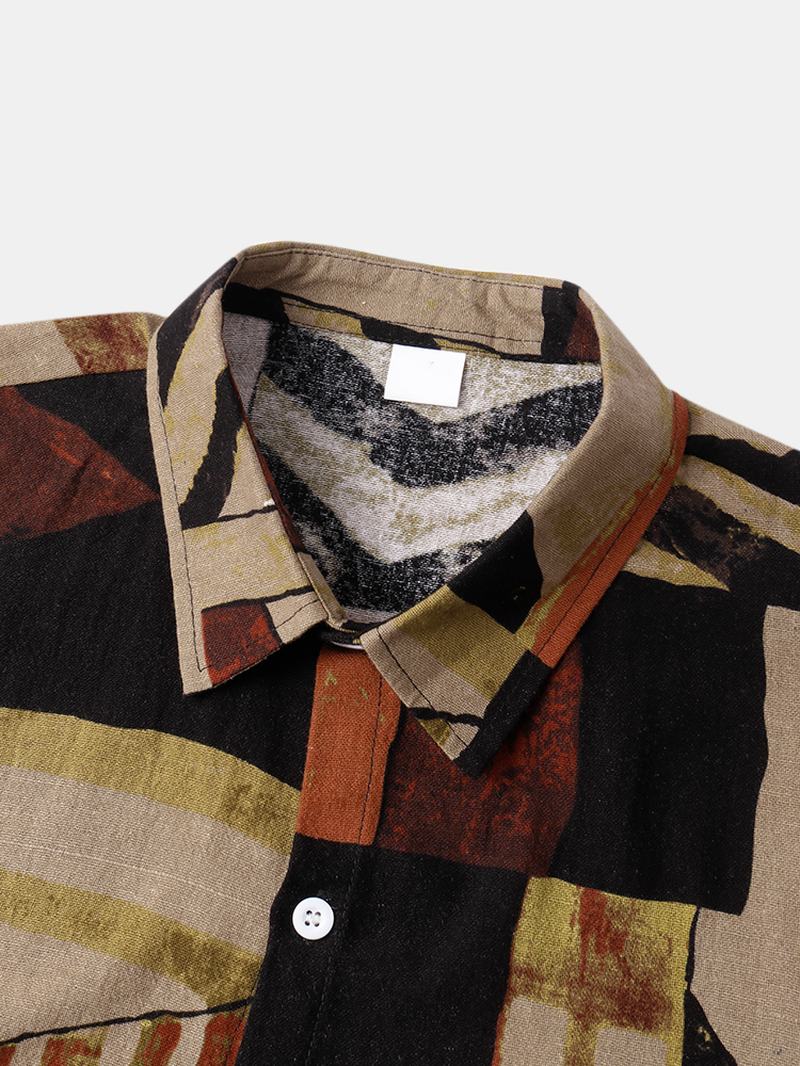 Męskie Bawełniane Kolorowe Bloki Kontrastowe Geometryczne Nadruki Koszule Z Krótkim Rękawem