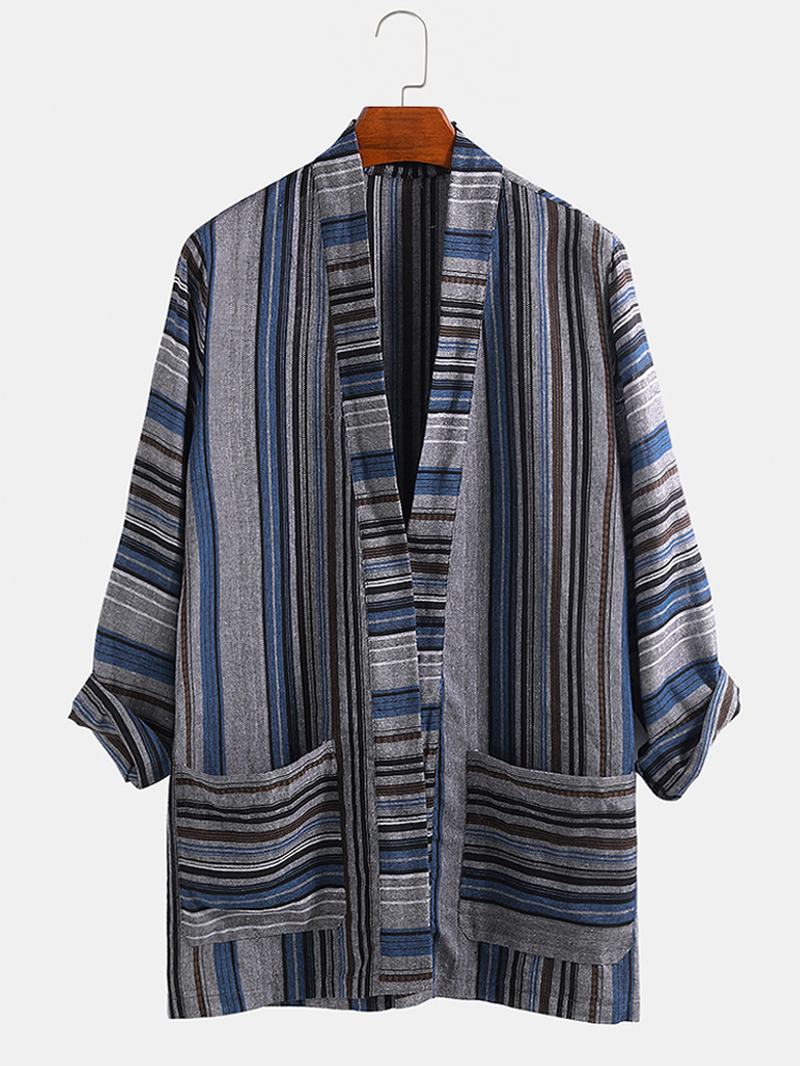 Męskie Bawełniane Koszule W Paski W Stylu Vintage Z Podwójną Kieszenią Kimono Cardigan