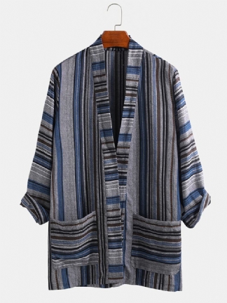 Męskie Bawełniane Koszule W Paski W Stylu Vintage Z Podwójną Kieszenią Kimono Cardigan