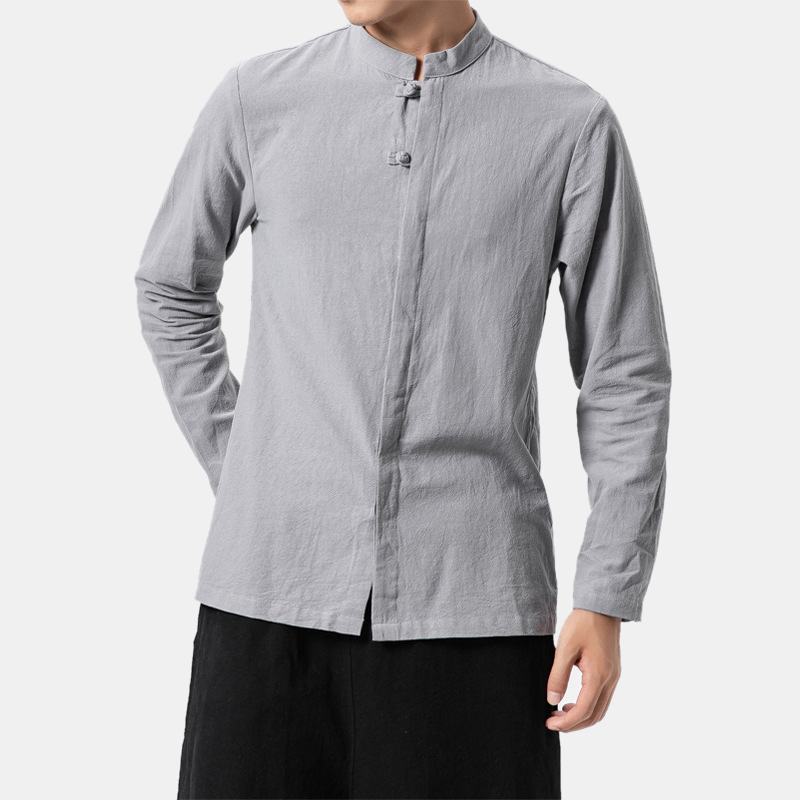 Męskie Bawełniane Koszule Ze Stójką Pure Color Casual Shirt