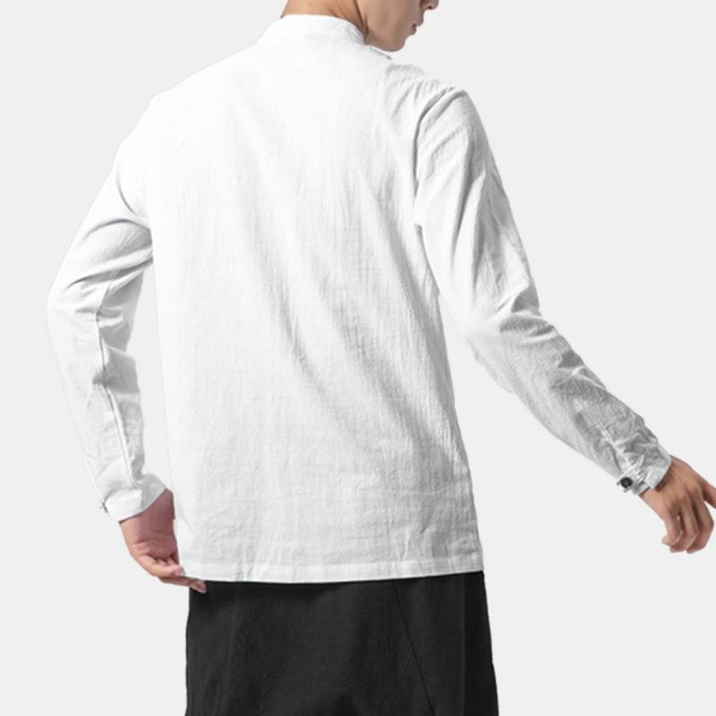 Męskie Bawełniane Koszule Ze Stójką Pure Color Casual Shirt