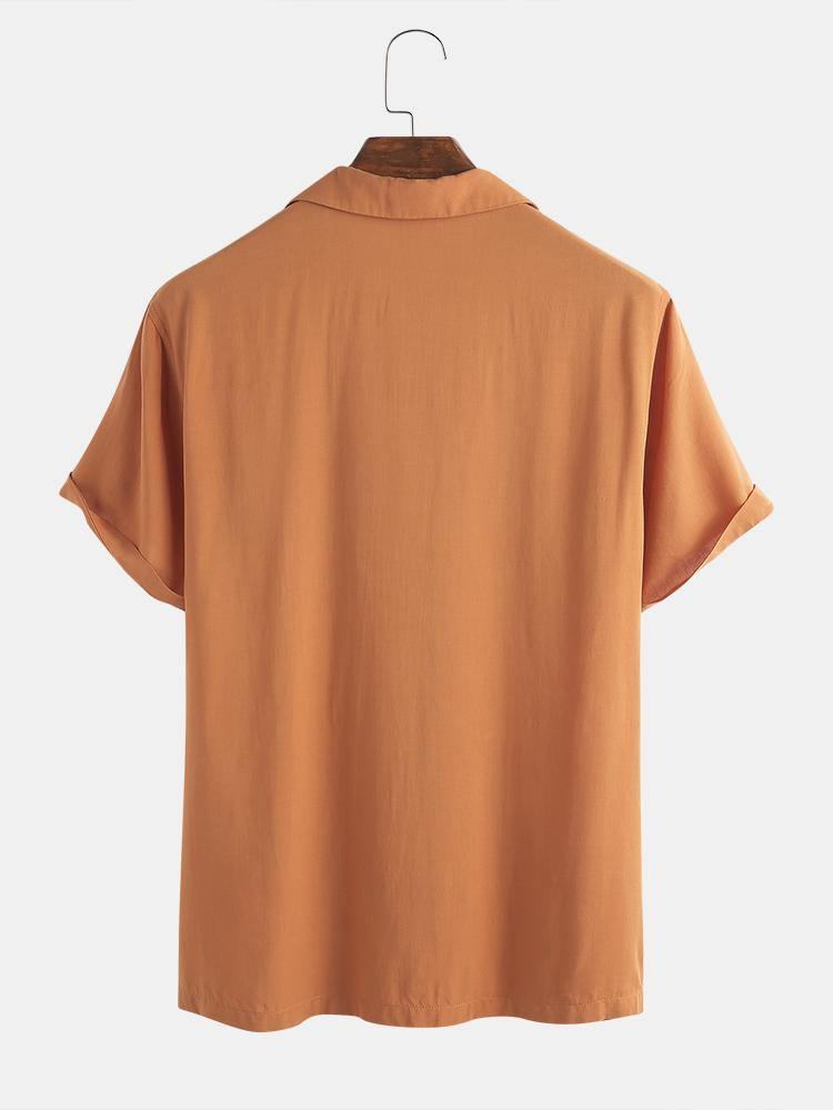 Męskie Bawełniane Oddychające Jednokolorowe Koszule Z Krótkim Rękawem W Stylu Vintage