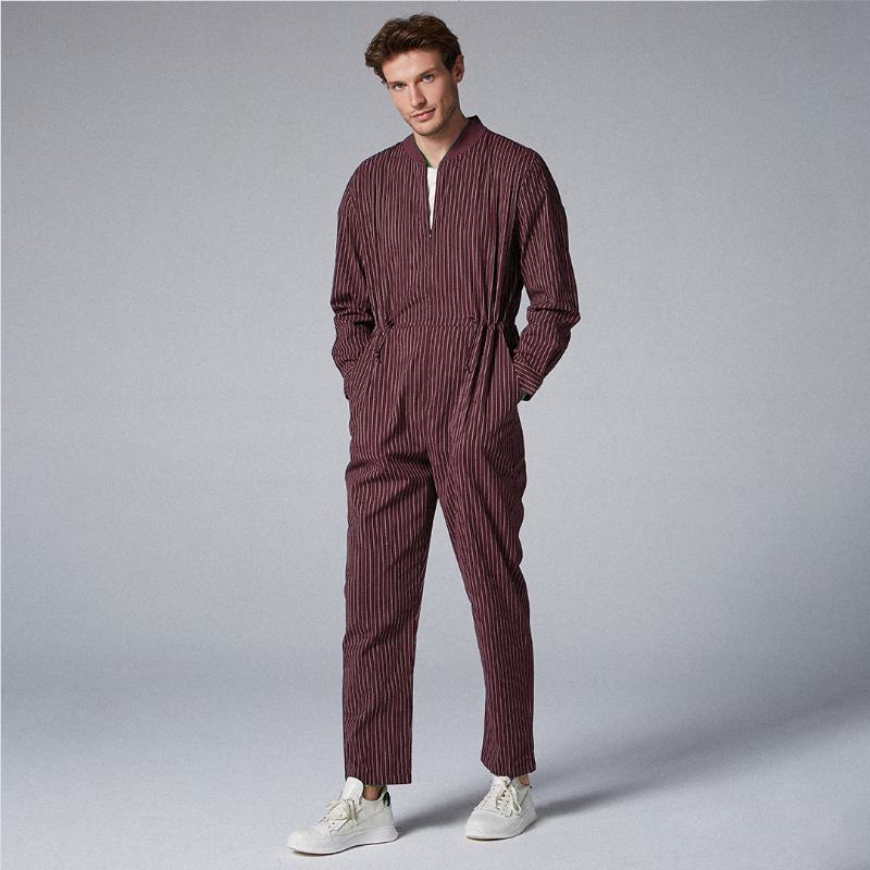 Męskie Bawełniane Paski Ze Stójką Onesies Kieszenie Casual Prosty Kombinezon