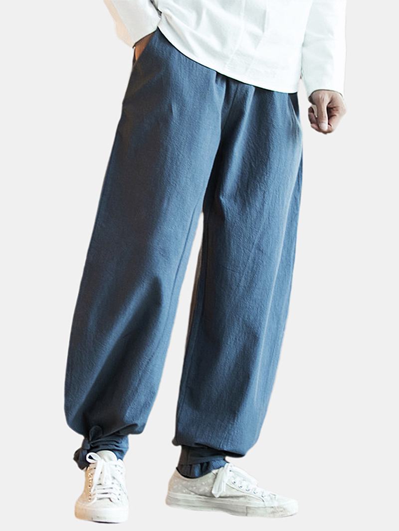 Męskie Bawełniane Spodnie W CZystym Kolorze Z Elastyczną Talią Luźne Spodnie Na Co Dzień