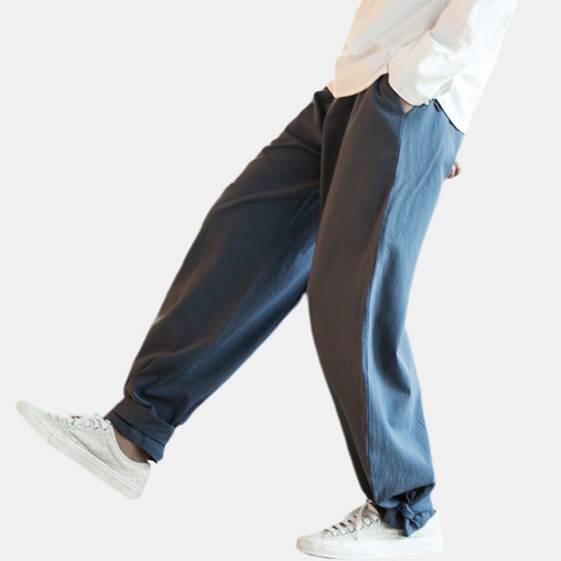 Męskie Bawełniane Spodnie W CZystym Kolorze Z Elastyczną Talią Luźne Spodnie Na Co Dzień