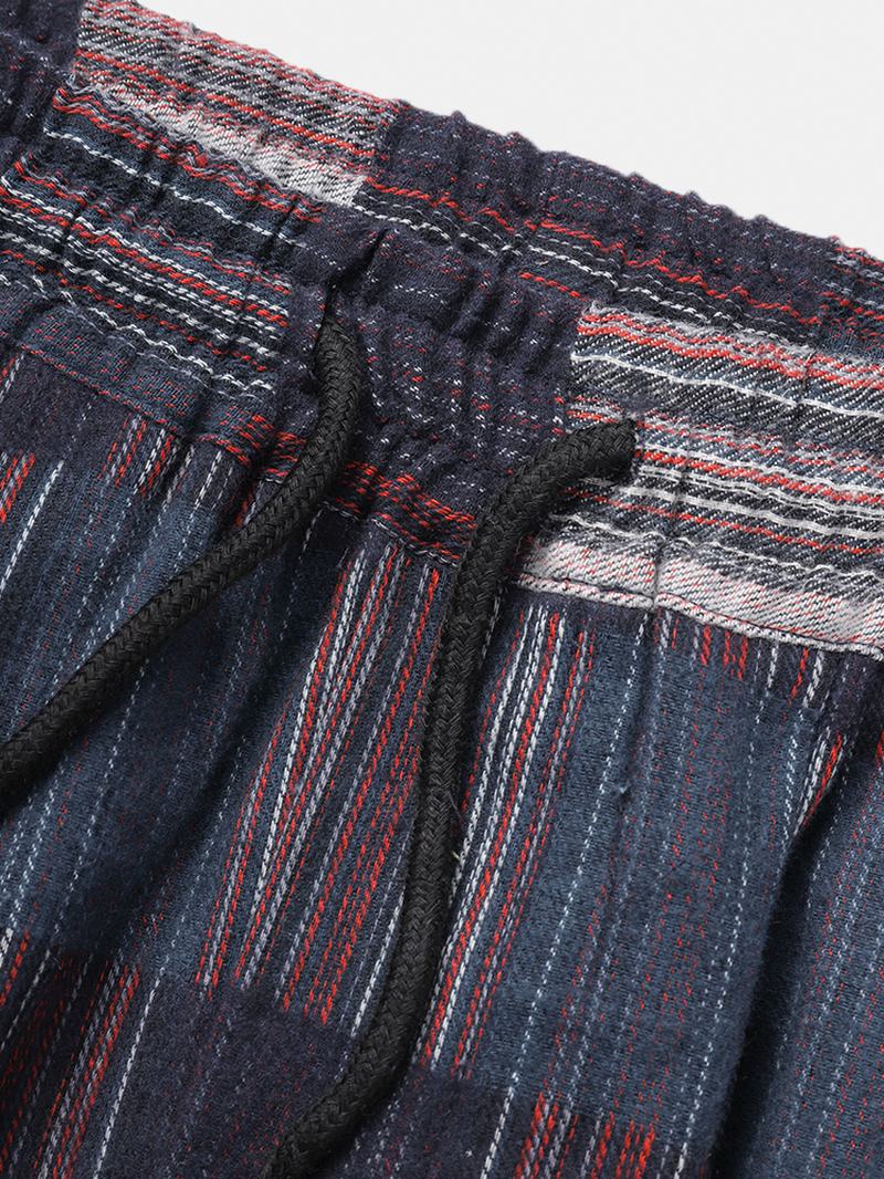 Męskie Bawełniane Spodnie W Kratę W Paski Ze Sznurkiem W Stylu Vintage