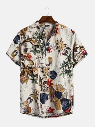 Męskie Bawełniane Tropikalne Liście Z Nadrukiem Z Krótkim Rękawem Orientalne Koszule Henley
