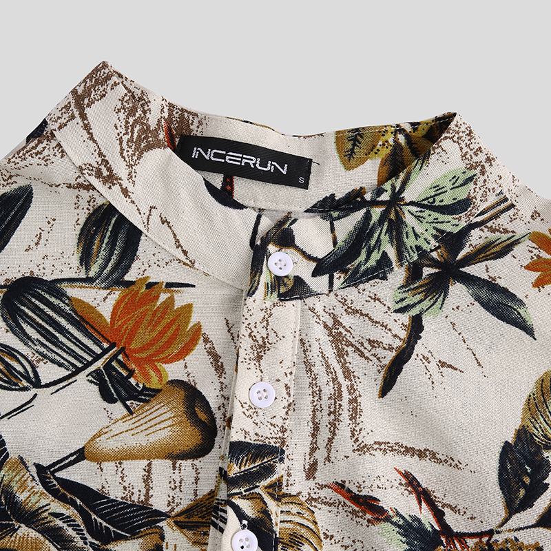 Męskie Bawełniane Tropikalne Liście Z Nadrukiem Z Krótkim Rękawem Orientalne Koszule Henley