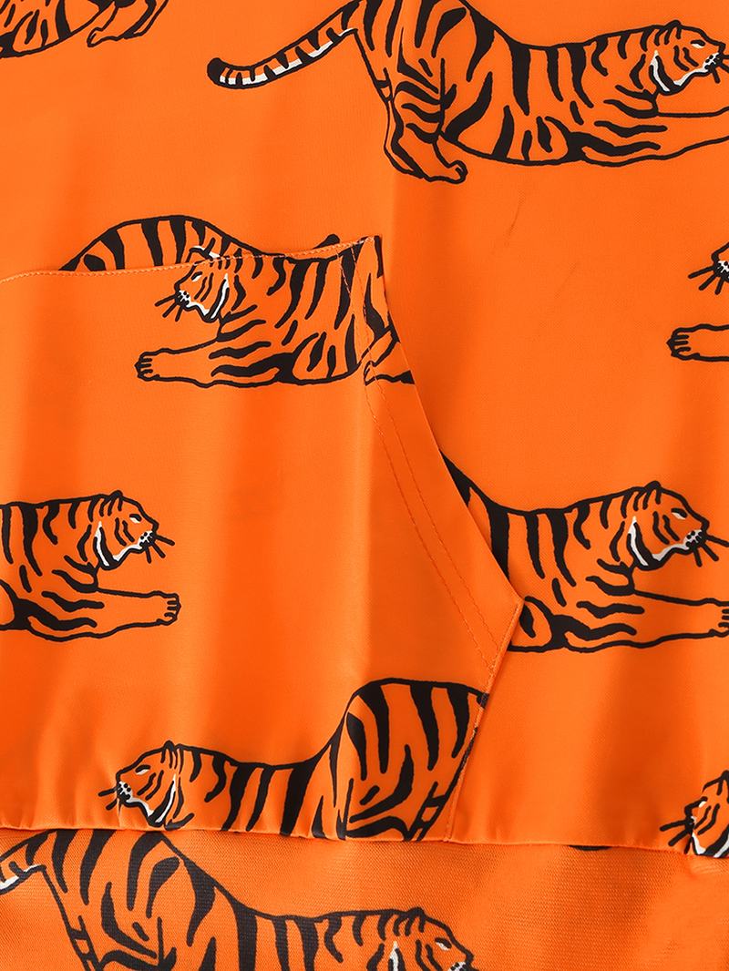 Męskie Bluzy Z Kapturem Z Nadrukiem Tygrysa Z Długim Rękawem I Pomarańczowymi Sznurkami