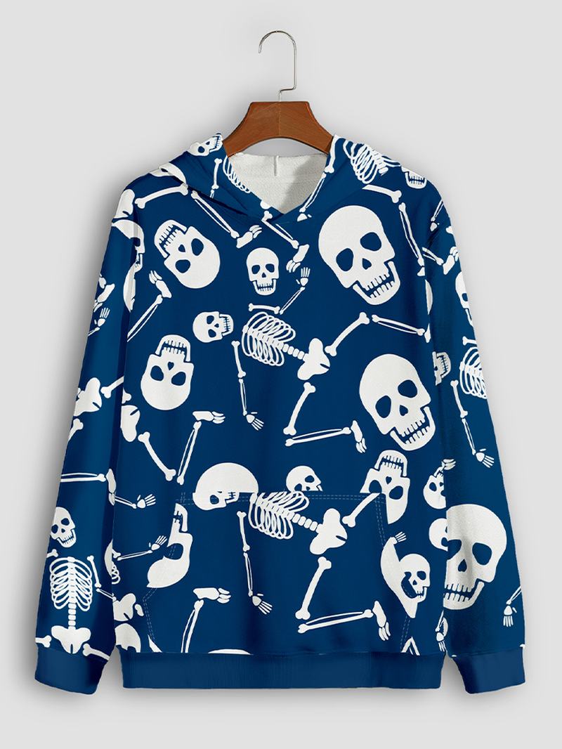 Męskie Bluzy Z Kapturem Skull Head Kangaroo Pocket Blue