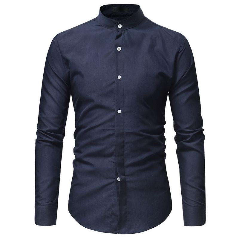 Męskie Casual Business Stand Collar Slim Fit Z Długim Rękawem Jednokolorowe Koszule