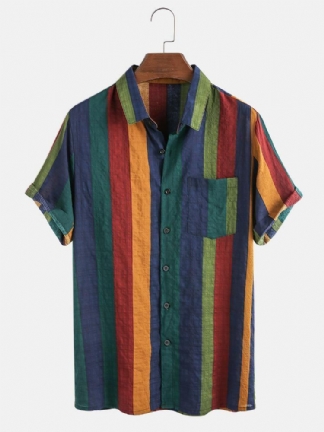 Męskie Cienkie Oddychające Bawełniane Kolorowe Paski Wakacyjne Koszulki Z Krótkim Rękawem