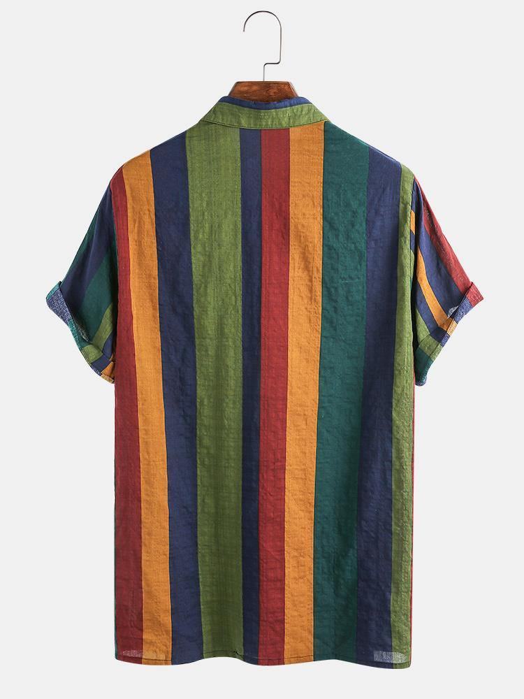 Męskie Cienkie Oddychające Bawełniane Kolorowe Paski Wakacyjne Koszulki Z Krótkim Rękawem
