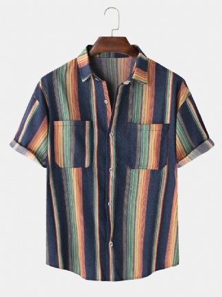 Męskie Designerskie Kolorowe Paski Z Podwójnymi Kieszeniami Z Krótkim Rękawem Casual Shirts
