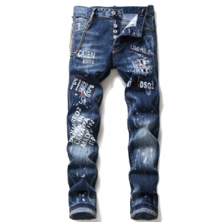 Męskie Dżinsy Słynne Męskie Spodnie Jeansowe Slim Męskie Spodnie Jeansowe Zipper Blue Hole Pencil Pants