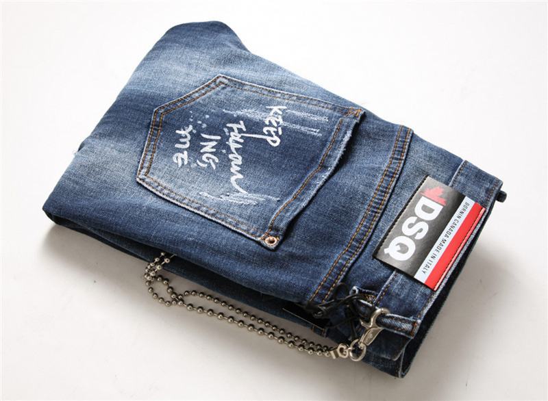Męskie Dżinsy Słynne Męskie Spodnie Jeansowe Slim Męskie Spodnie Jeansowe Zipper Blue Hole Pencil Pants