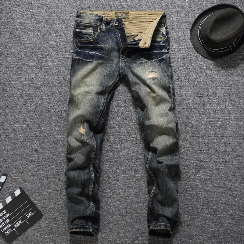 Męskie Dżinsy Vintage Retro Style Slim Fit Porwane Jeansy Homme Balplein Markowe Dżinsy Męskie Bawełniane Dżinsy Biker