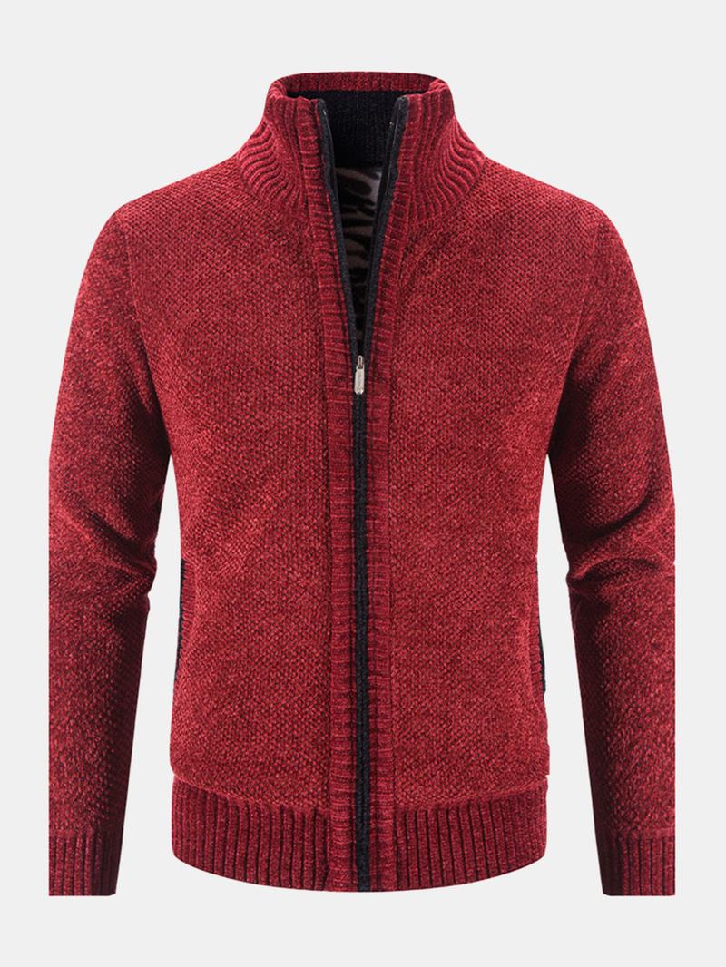 Męskie Dzianinowe Plus Aksamitne Elastyczne Brzegi Kieszenie Zipper Pure Solid Sweter Cardigans