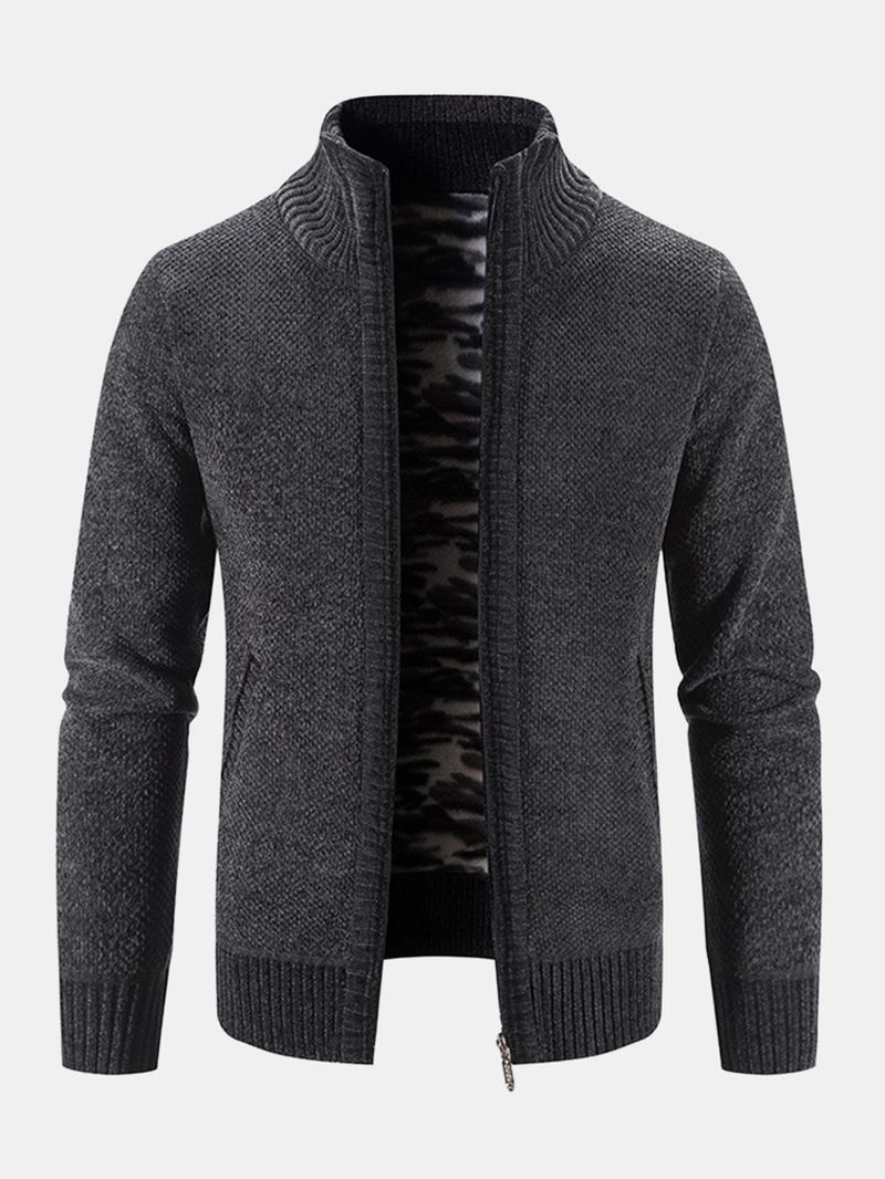 Męskie Dzianinowe Plus Aksamitne Elastyczne Brzegi Kieszenie Zipper Pure Solid Sweter Cardigans