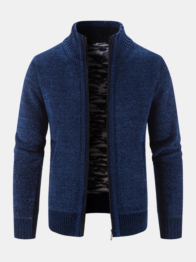 Męskie Dzianinowe Plus Aksamitne Elastyczne Brzegi Kieszenie Zipper Pure Solid Sweter Cardigans