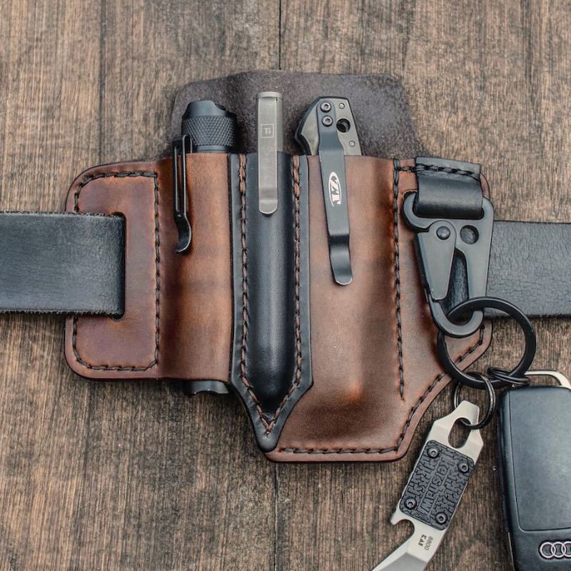 Męskie Edc Genuine Leather Multitool Latarka Key Pen Organizer Torba Na Pas Biodrowy