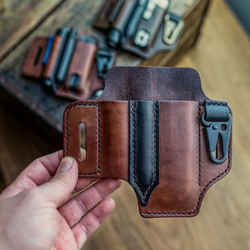 Męskie Edc Genuine Leather Multitool Latarka Key Pen Organizer Torba Na Pas Biodrowy