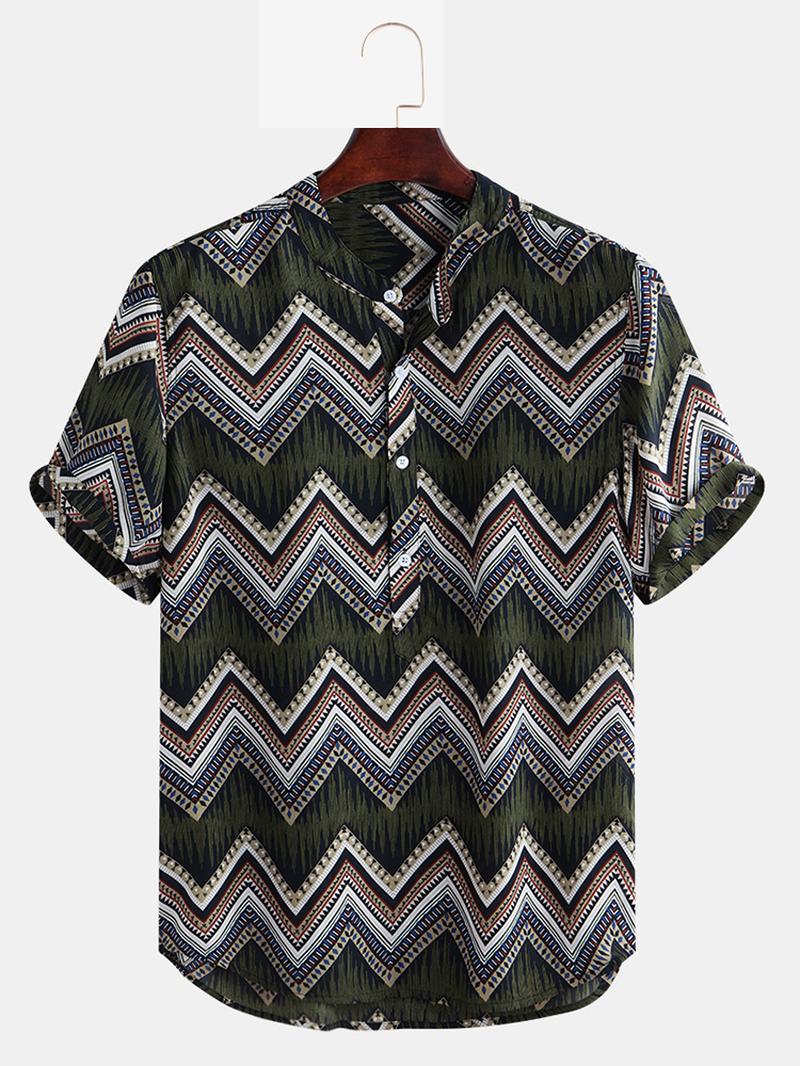 Męskie Etniczne Chevron Z Nadrukiem Z Krótkim Rękawem Casual Loose Henley Shirts Shirts