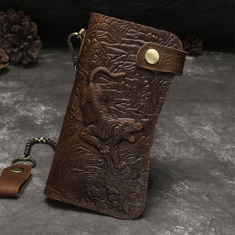 Męskie Genuine Leather 3d Dragon Tiger Pattern Anti-theft Retro Multi-slot Holder Portfel Z Brelokiem