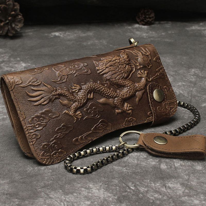 Męskie Genuine Leather 3d Dragon Tiger Pattern Anti-theft Retro Multi-slot Holder Portfel Z Brelokiem