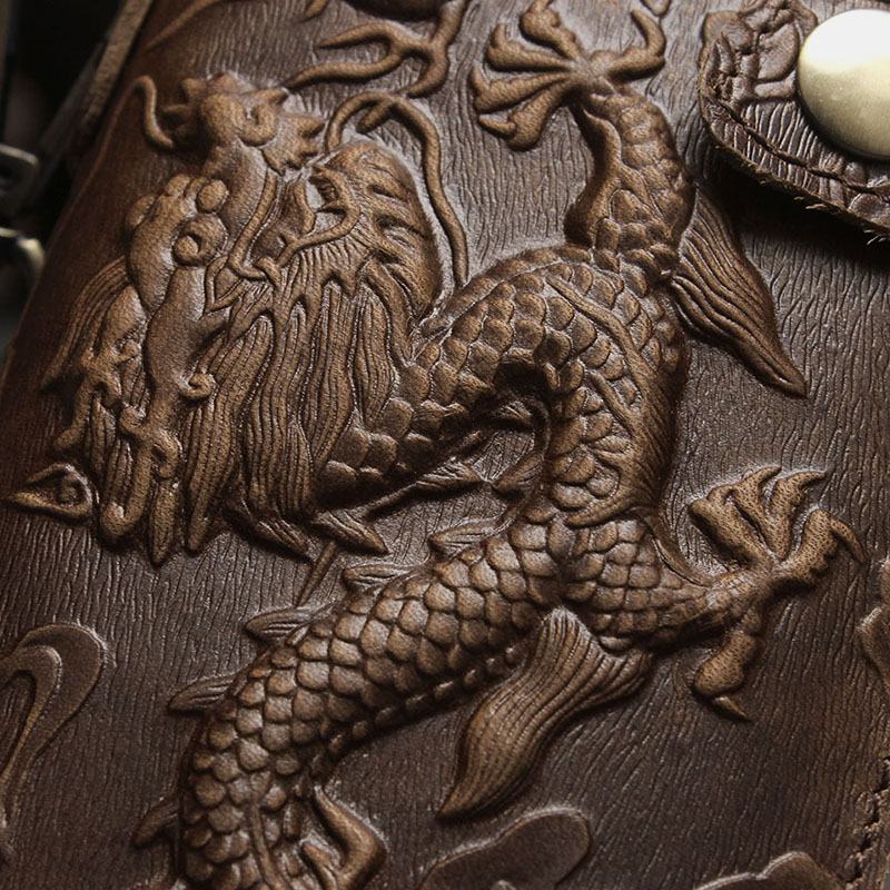 Męskie Genuine Leather 3d Dragon Tiger Pattern Anti-theft Retro Multi-slot Holder Portfel Z Brelokiem